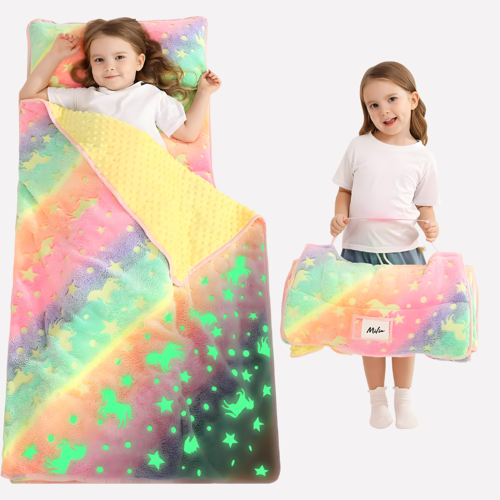 Ensure comfortable naptime with this toddler nap mat featuring an integrated pillow & soft blanket for kids.
