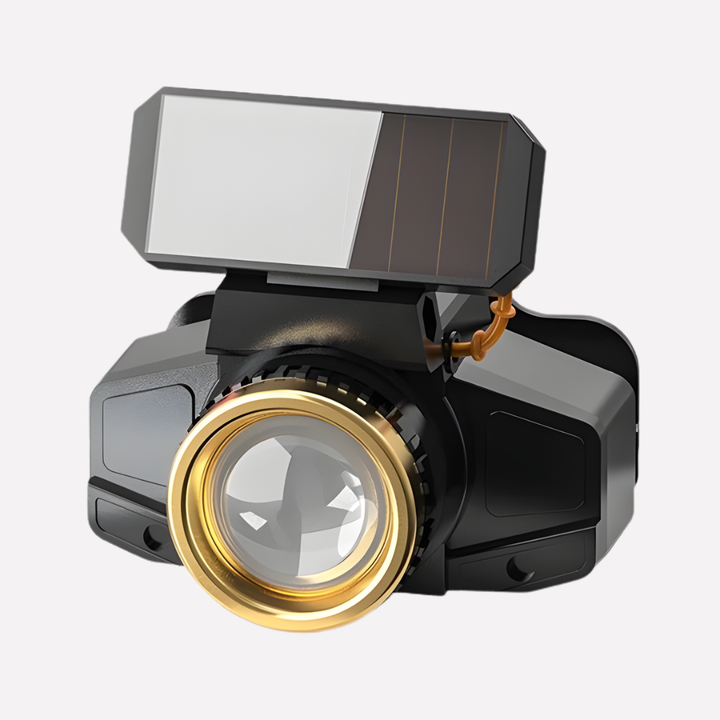 Unisex solar rechargeable LED headlamp for hands-free outdoor adventures like camping & hiking. Black, portable.