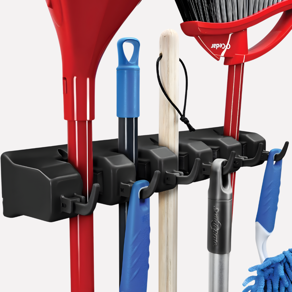 Wall-mount broom and tool holder for garage & home organization. Space-saving utility storage for mops, brooms, tools.