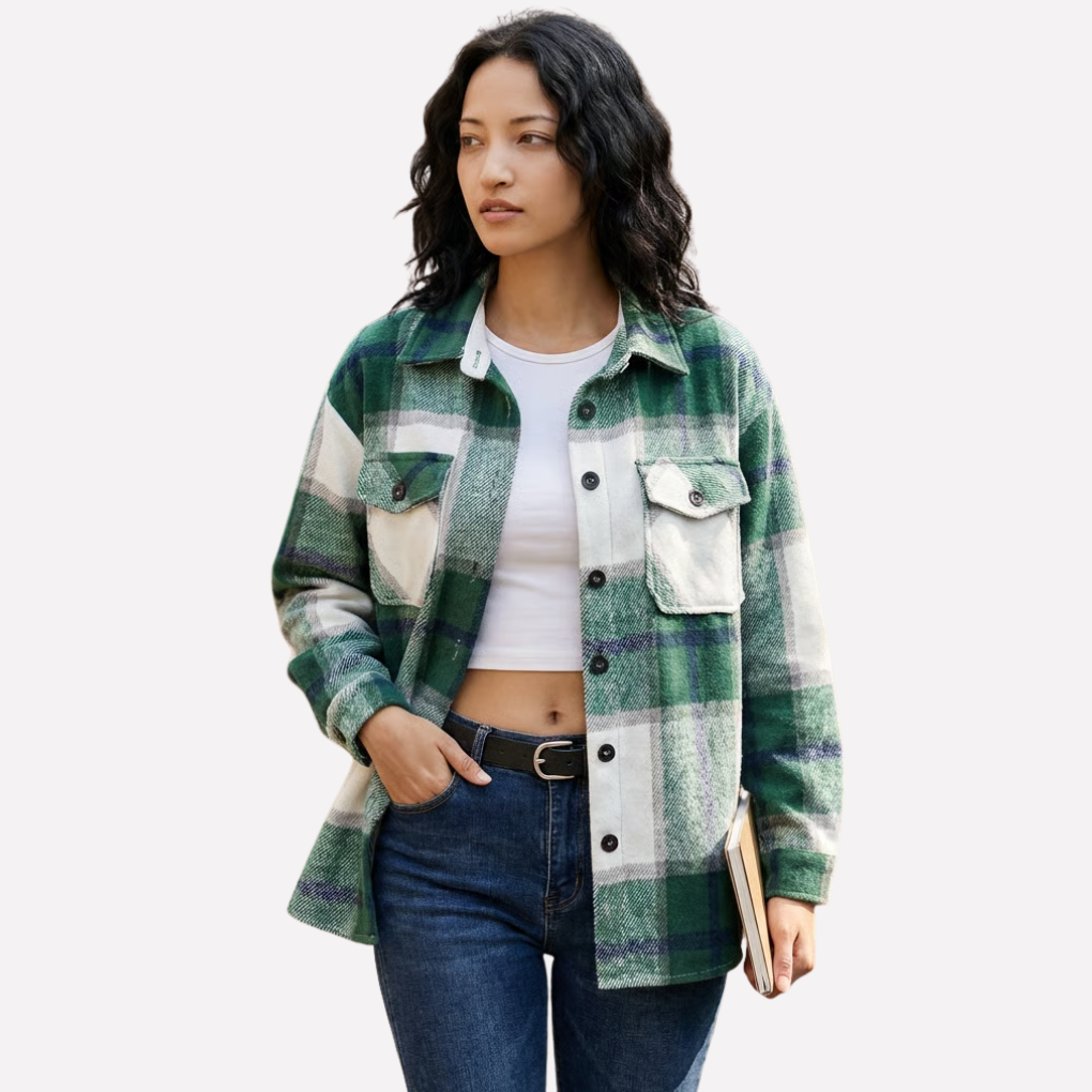 Women's plaid shacket, stylish button-front shirt for fall fashion & casual layering.
