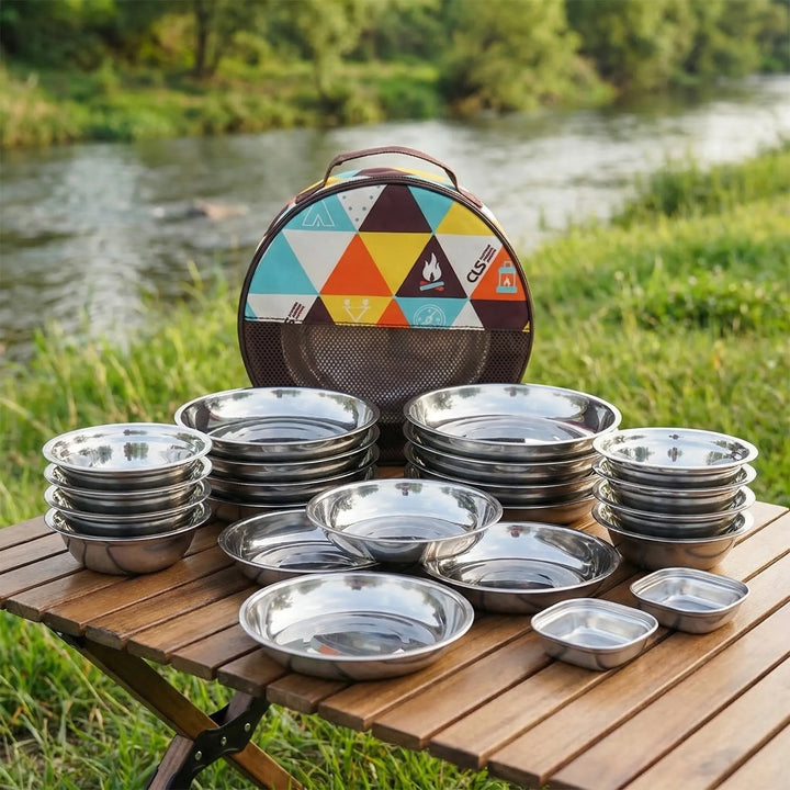 22-piece portable outdoor tableware set for camping, picnics & BBQ. Compact metal travel kitchen for family dining.