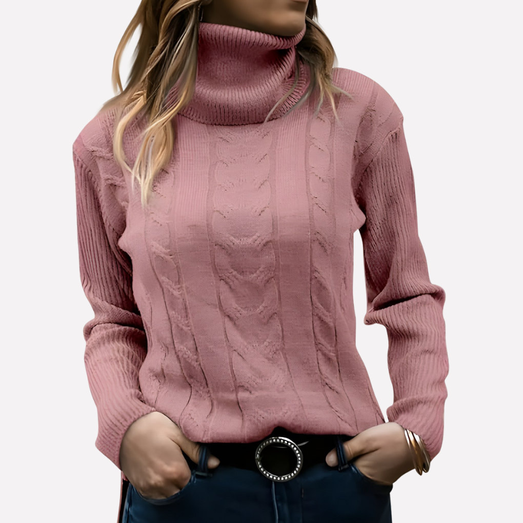 Cozy women's pullover with a high turtleneck, perfect for casual winter days.