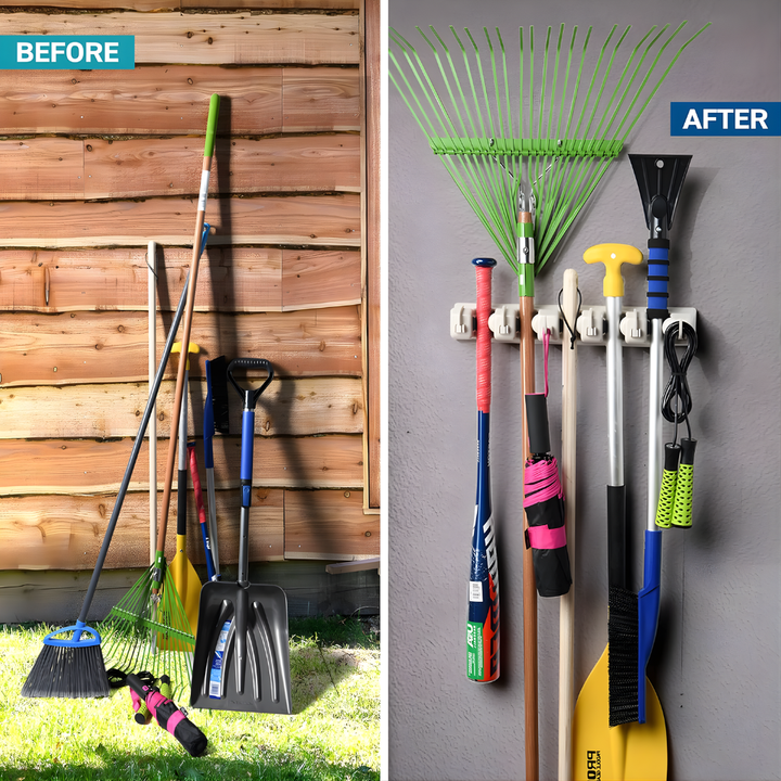 Heavy-duty wall-mount broom & mop holder. Perfect tool organizer for garage, laundry room, kitchen, or utility closet.