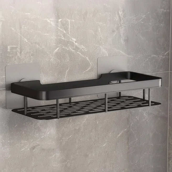 Modern drill-free adhesive bathroom shelf. Stylish wall-mounted storage for neat home decor.