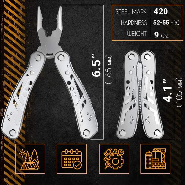 Close-up of the durable stainless steel wire cutter & pliers function of this compact multi-tool. Essential repair.