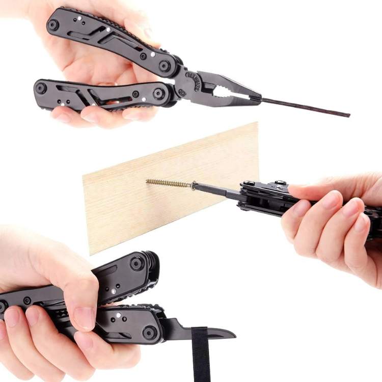 Person using the 24-in-1 multifunctional stainless steel wire cutter tool to cut a wire. Handy utility repair tool.