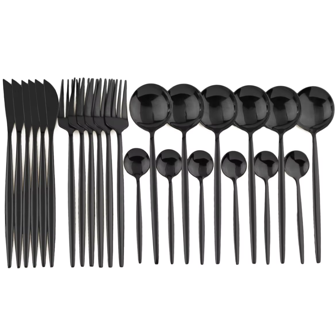 Luxury 24-piece black cutlery set for 4. Elegant stainless steel flatware with steak knives for a sophisticated table.