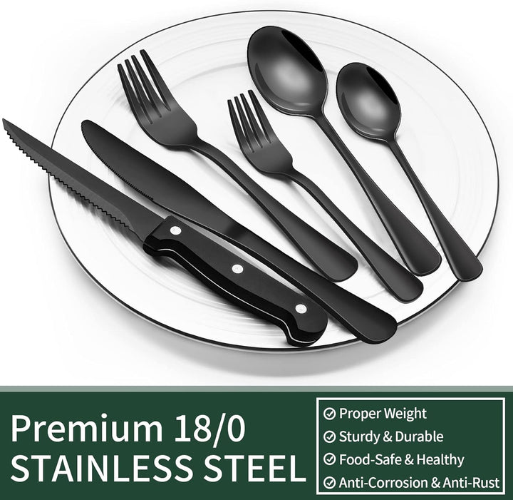Stylish 24-piece black cutlery set with 4 steak knives. Durable stainless steel dinnerware for modern kitchen dining.