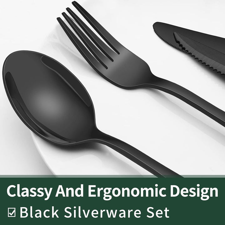 Close-up of 24-pc black stainless steel cutlery set, showing forks, spoons, knives, & steak knives.