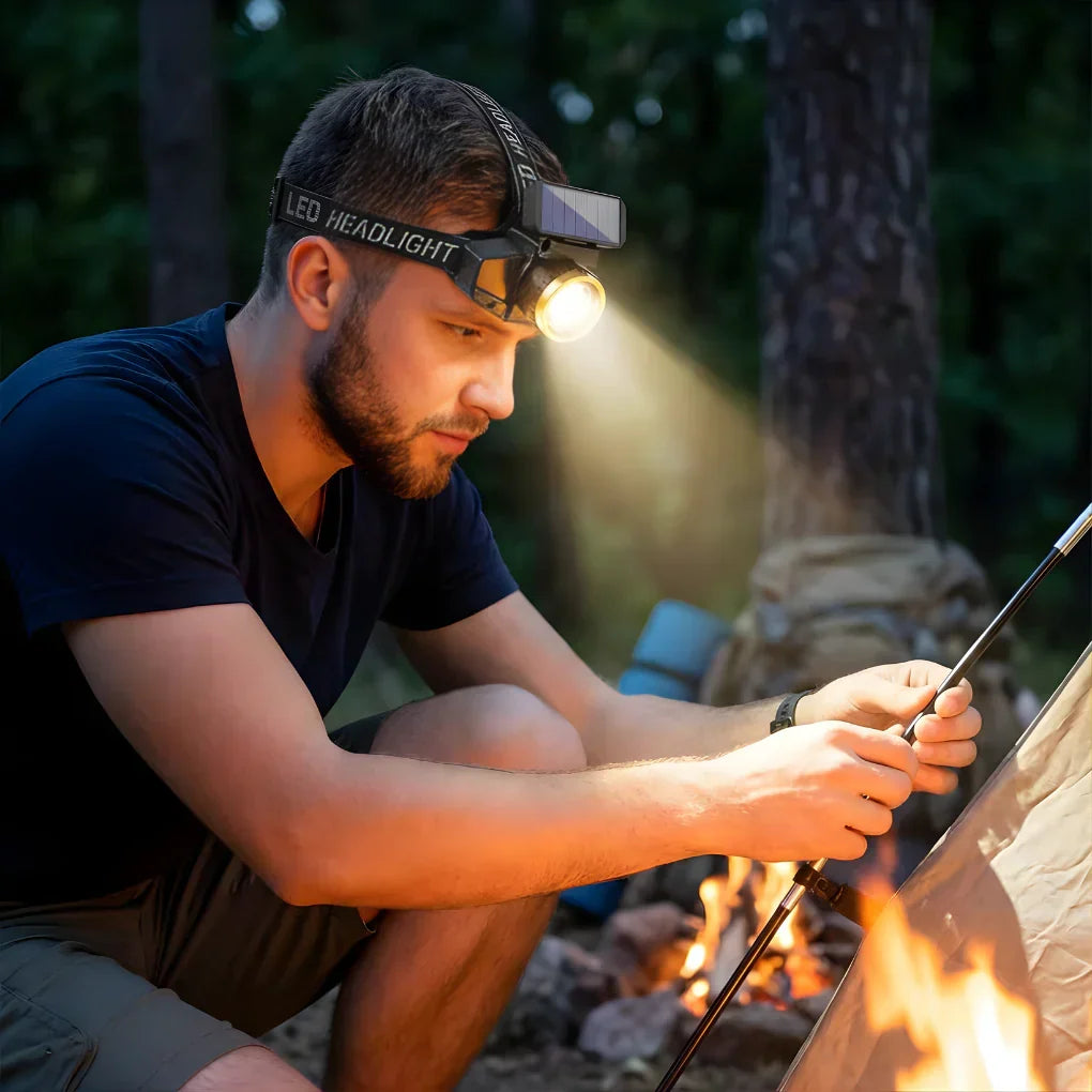 Black solar LED headlamp, rechargeable, perfect for night fishing, camping, and emergency use. Hands-free survival gear.
