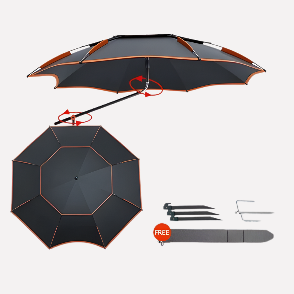 Black portable fishing umbrella, offering sun & rain protection for anglers. Ideal outdoor shelter & camping gear.