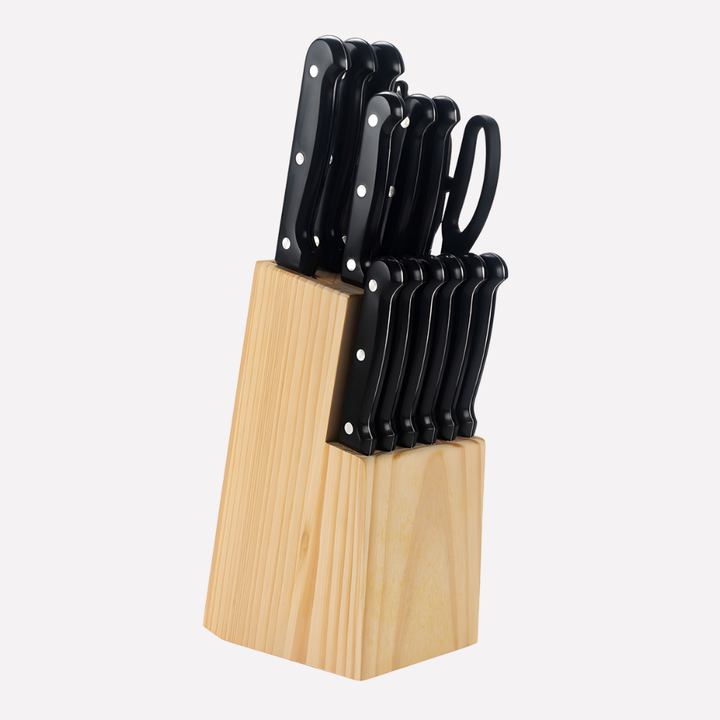 14-piece high carbon stainless steel kitchen knife set with ergonomic grips in a wooden block, perfect for meal prep.