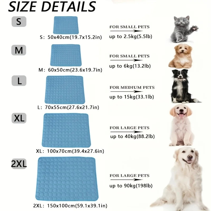 Blue self-cooling pet mat for cats, a comfortable heat relief pad and portable cat cooling bed.