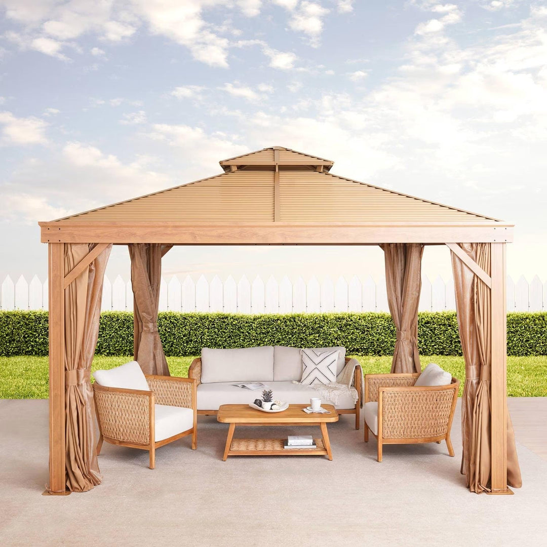 Detailed view of brown outdoor gazebo with mosquito netting & privacy curtains. Perfect for backyard shade & entertaining.
