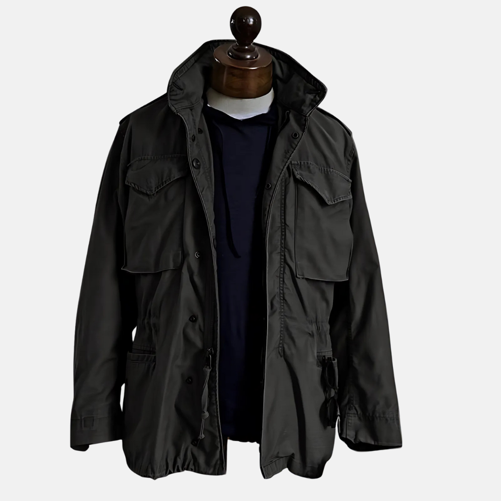 Rugged men's vintage military field jacket in olive green, perfect for all-season outerwear and stylish practicality.