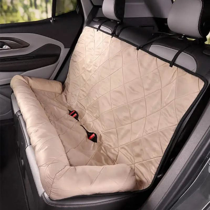 Black waterproof pet car seat & backseat protector. Washable dog car cover for comfortable pet travel.