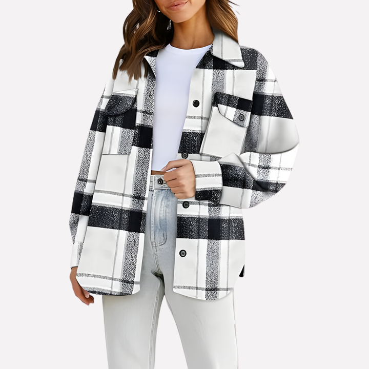 Chic women's shacket in plaid print, ideal for fall/winter style & effortless layering.