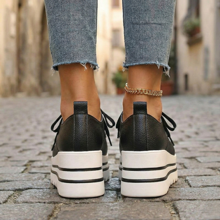 Beige Elara orthopedic oxford platform shoes. Comfortable lace-up dress shoes for women, ideal for office & casual.
