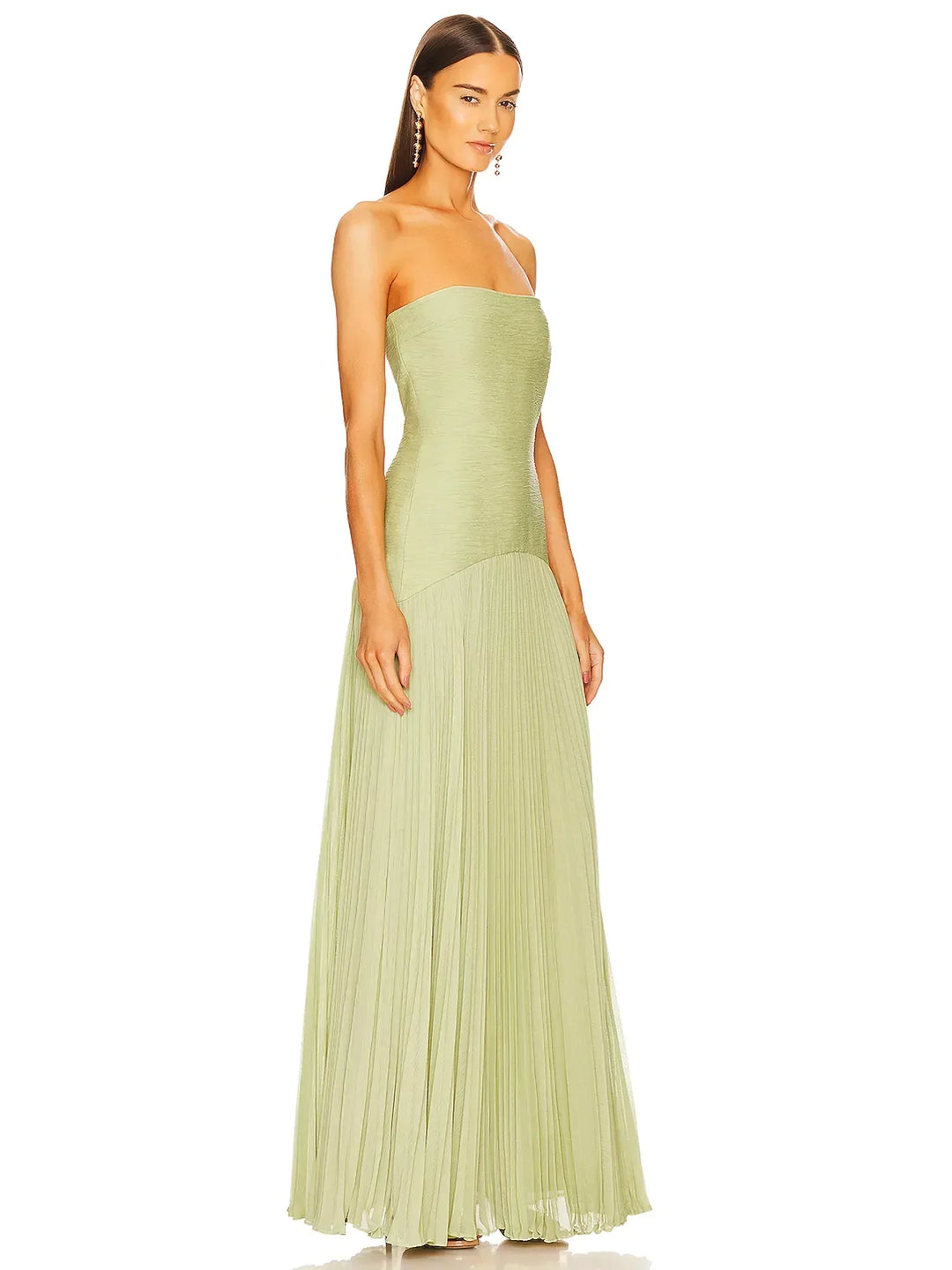 Light green women's strapless pleated maxi sundress, elegant summer fashion for warm weather.