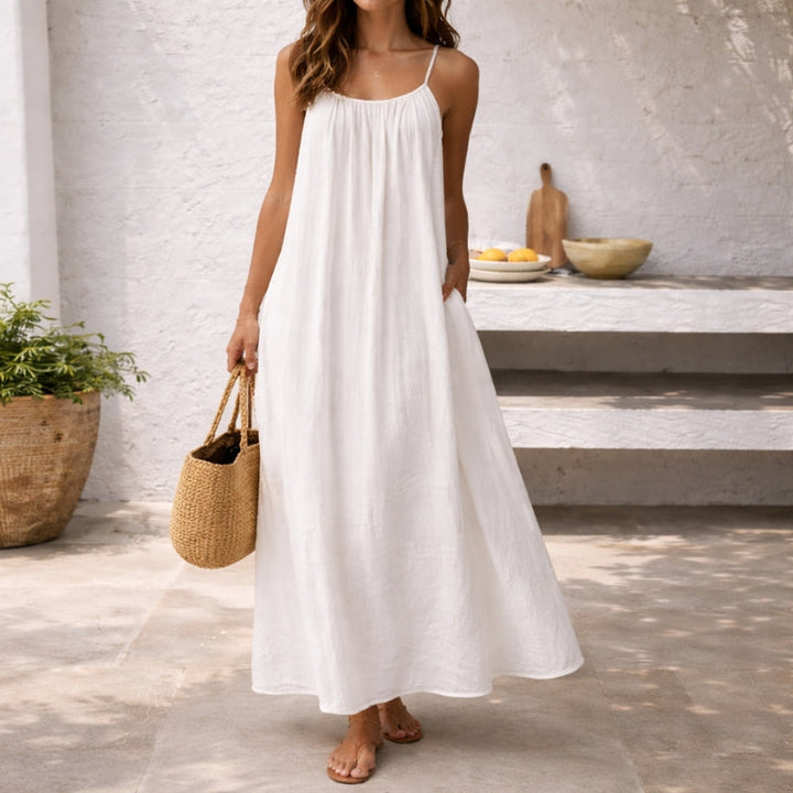 Chic sleeveless long sundress for women, ideal for vacation outfits and elegant daytime wear.