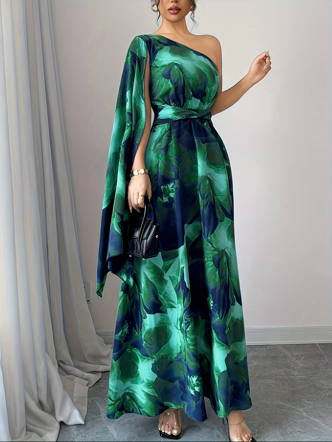 Women's elegant floral print one-shoulder maxi dress. Ideal for formal events & wedding guests.