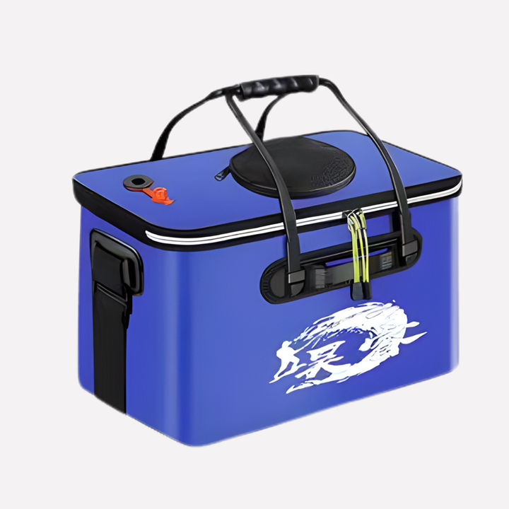 Multi-purpose foldable EVA fishing bucket for live fish, bait, and tackle storage for all anglers.
