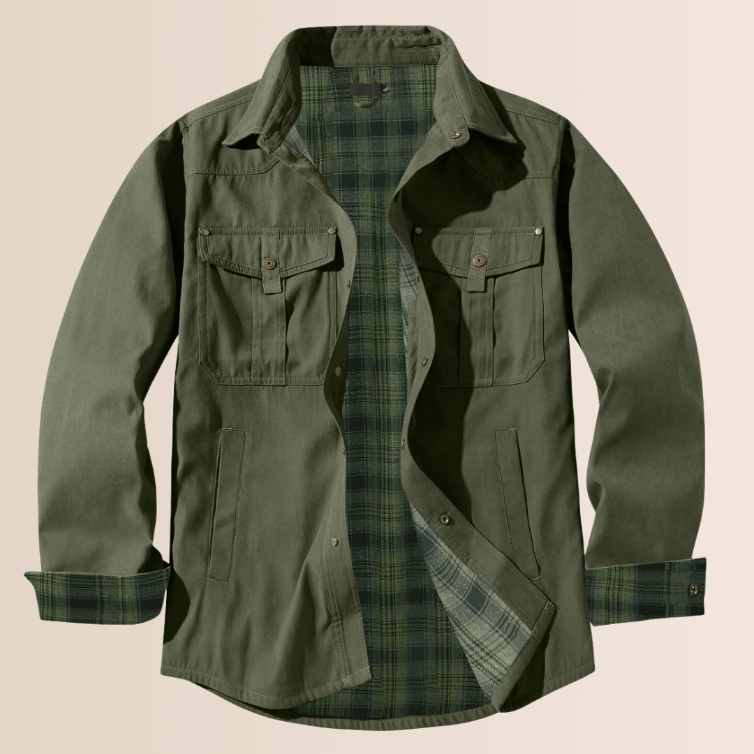 Comfortable men's zip-up flannel jacket in a vintage plaid design. Rugged casual outerwear, great for layering.