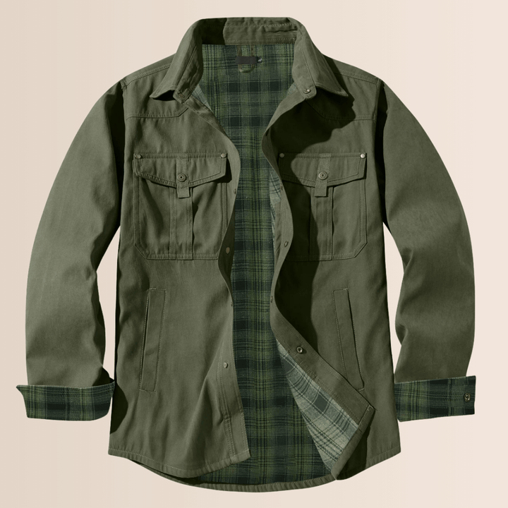 Comfortable men's zip-up flannel jacket in a vintage plaid design. Rugged casual outerwear, great for layering.