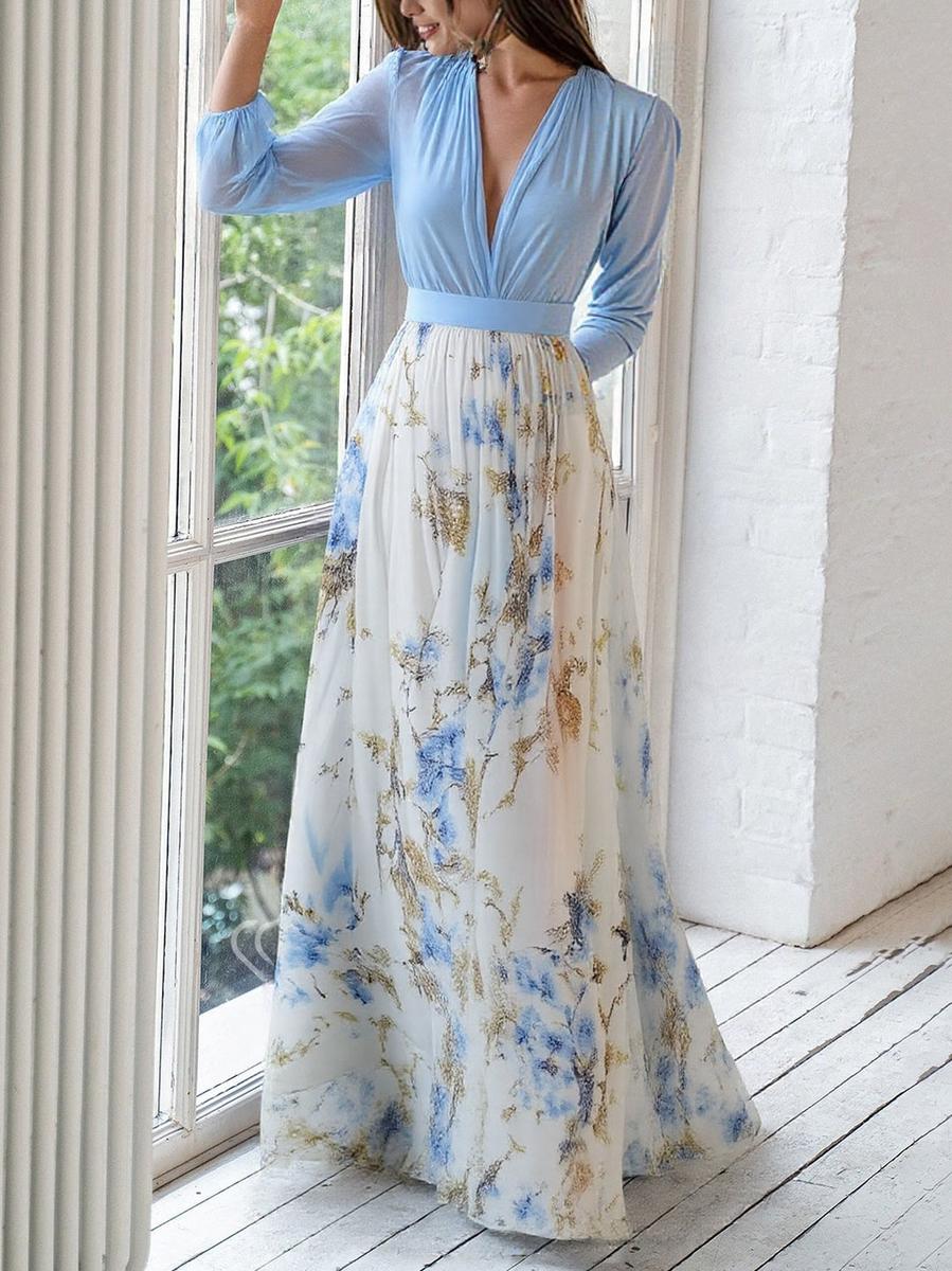 Bohemian floral maxi dress for women with a flattering V-neck, perfect for summer casual wear & vacation.