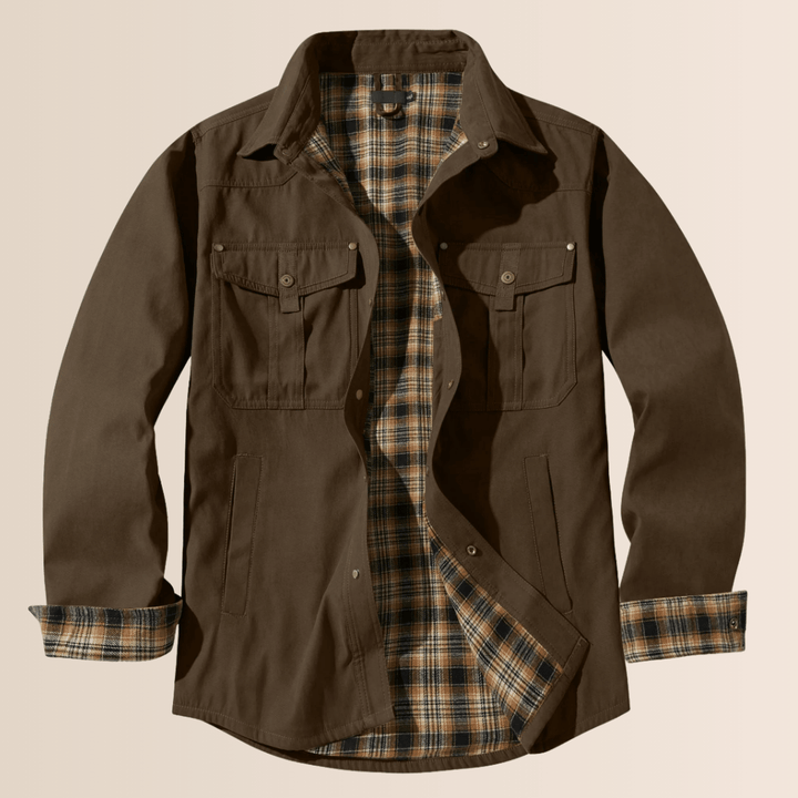 Stylish men's vintage plaid flannel jacket. Rugged, comfortable men's fashion outerwear for layering.