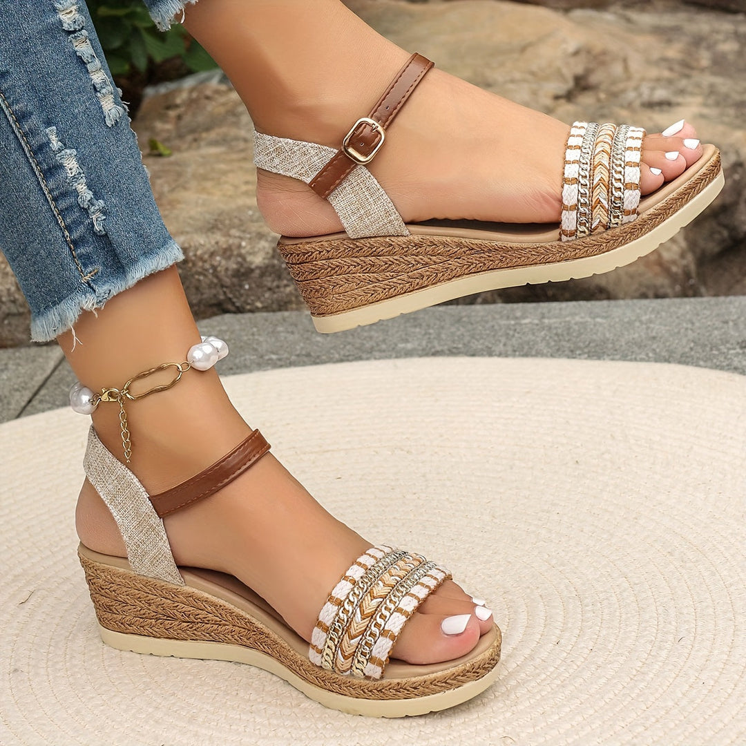 Comfortable women's wedge sandals with orthopedic support, platform & elegant crossed straps.