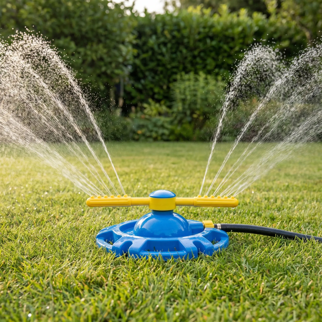 Kids' 360-degree rotating water sprinkler toy for outdoor summer fun, perfect for backyard play and lawn games.