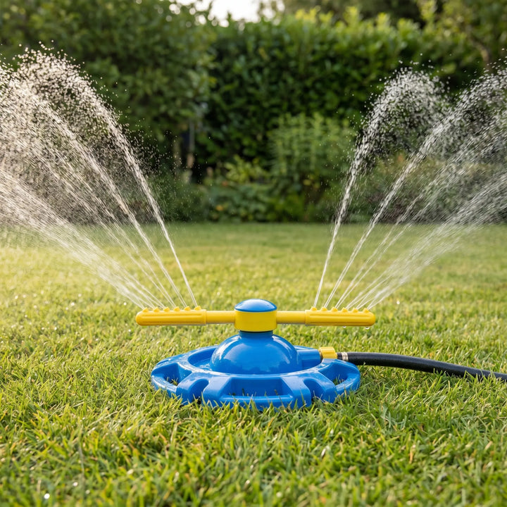 Kids' 360-degree rotating water sprinkler toy for outdoor summer fun, perfect for backyard play and lawn games.