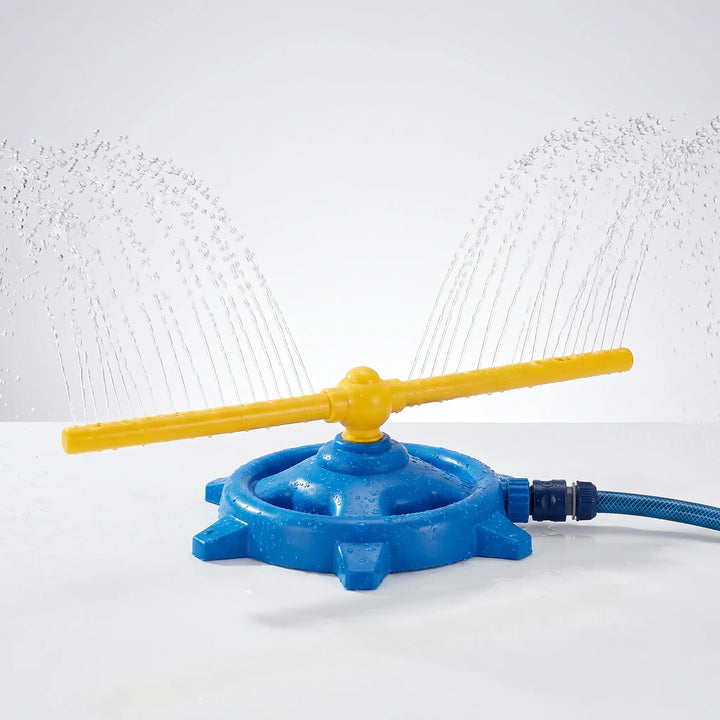 Children's outdoor water sprinkler toy with 360-degree rotation, providing endless summer fun for kids in the yard.