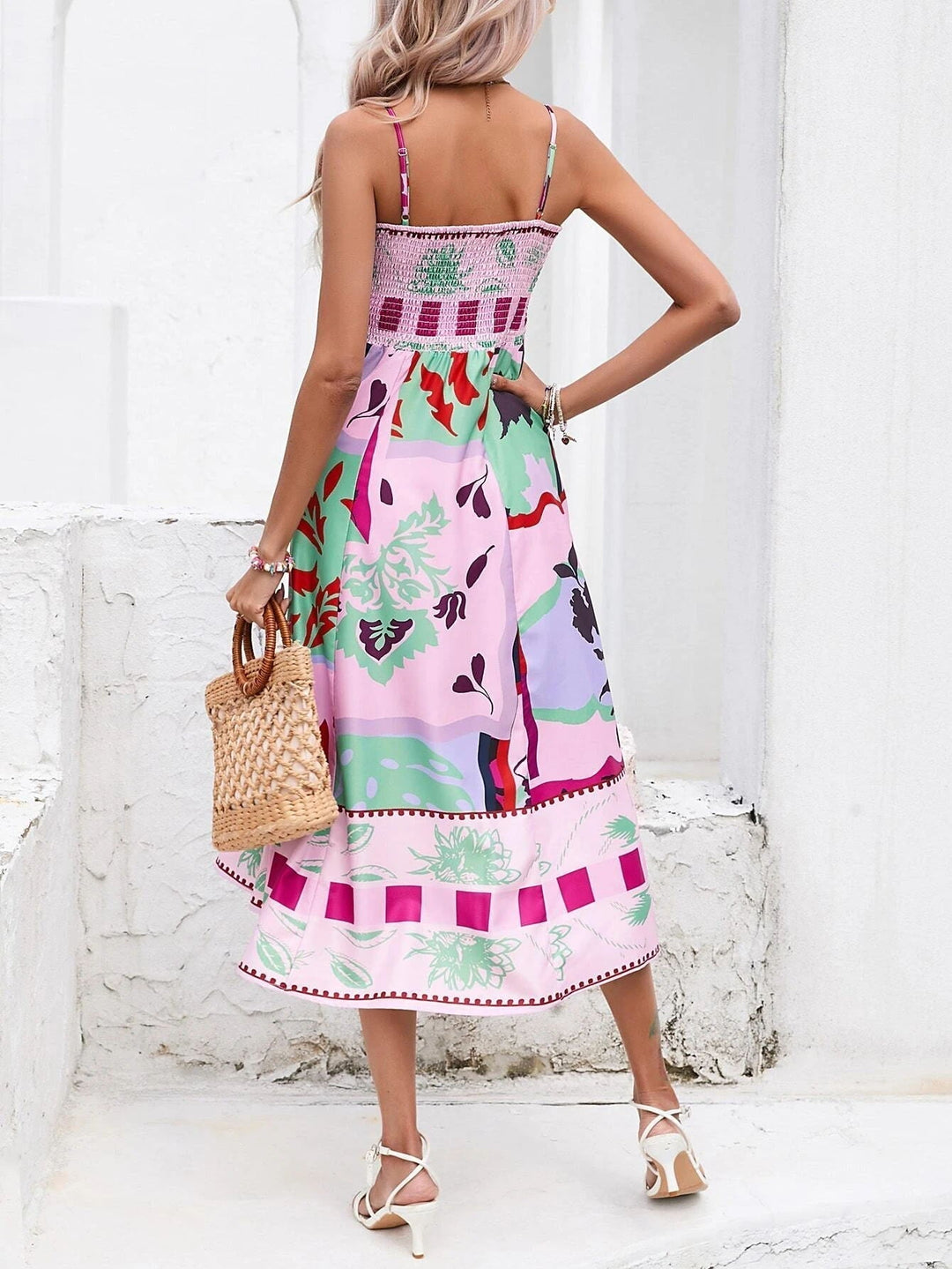 Comfortable flowy boho midi dress with square neck, great for women's spring & summer casual wear.
