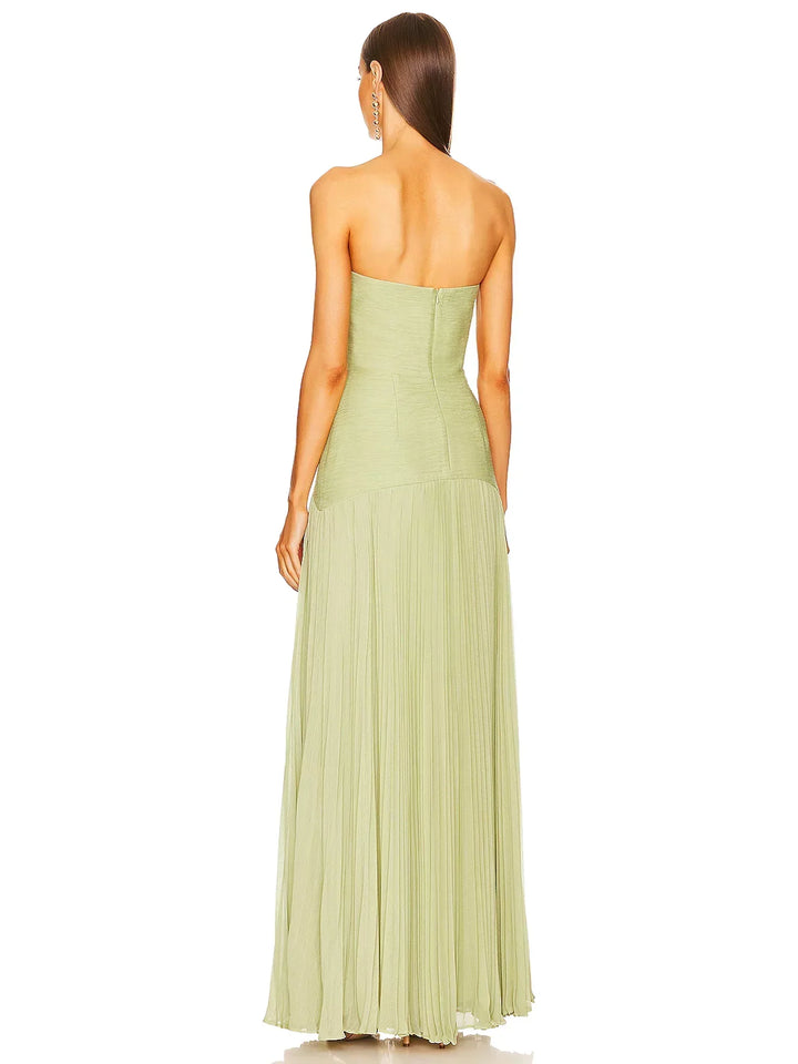 Yellow women's strapless pleated maxi sundress, a casual summer dress perfect for vacation.