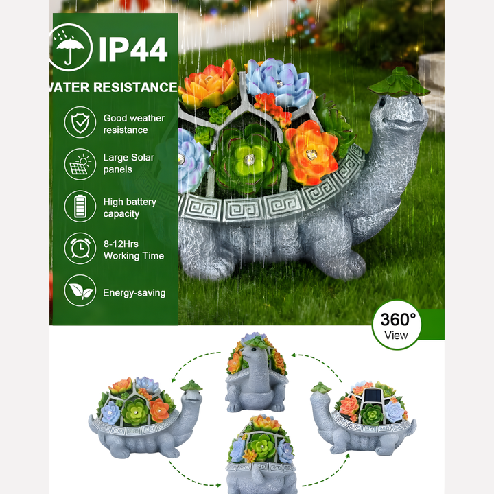 Decorative solar gray turtle statue providing ambient lighting for a garden, patio, or lawn ornament.