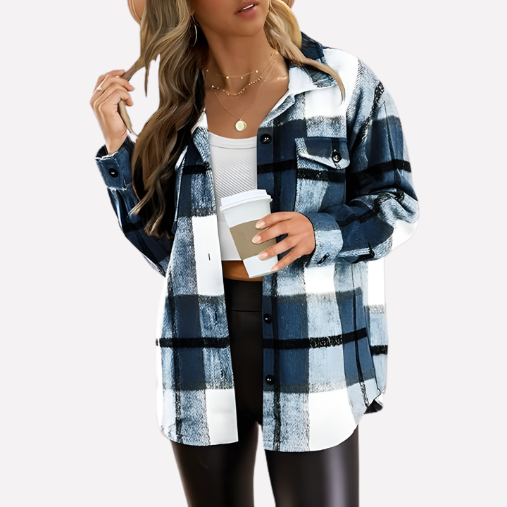 Button-front plaid shacket for women, a versatile long sleeve top & casual outerwear.