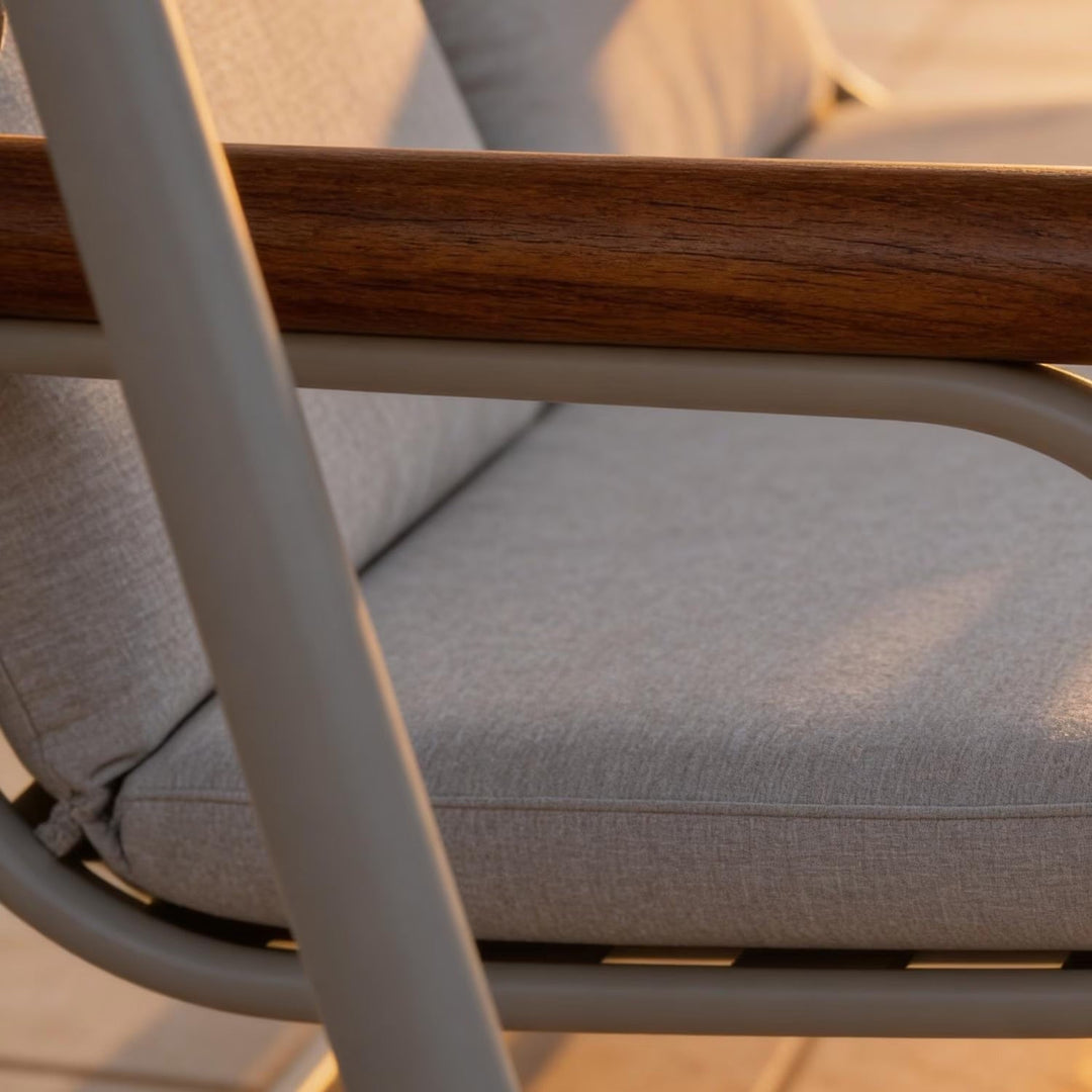Modern cream 2-seater patio swing with comfortable, weather-resistant cushions & strong aluminum frame.
