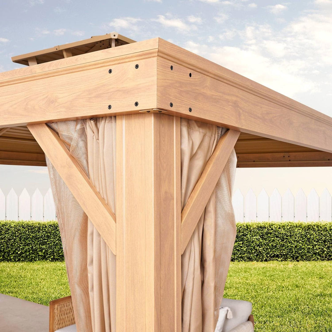Elegant outdoor garden gazebo, brown metal frame, with mosquito net & privacy curtains, creating a shaded patio space.