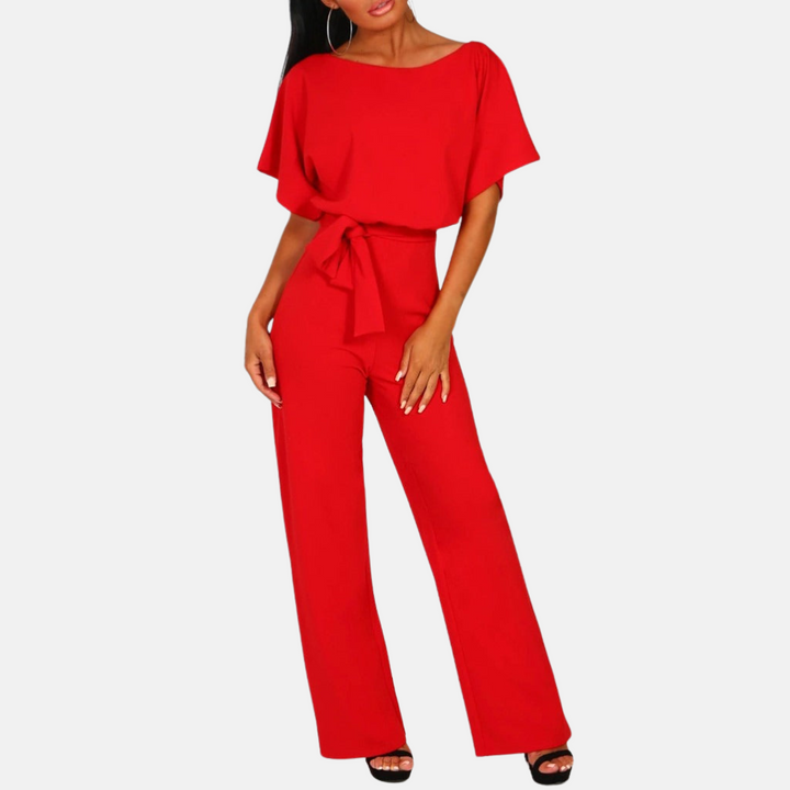 Sophisticated women's short sleeve jumpsuit with high waist & wide legs. Solid color for elegant summer fashion.