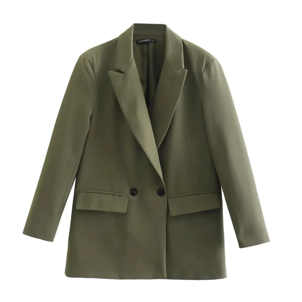 Professional double-breasted women's blazer, perfect for sophisticated work fashion.