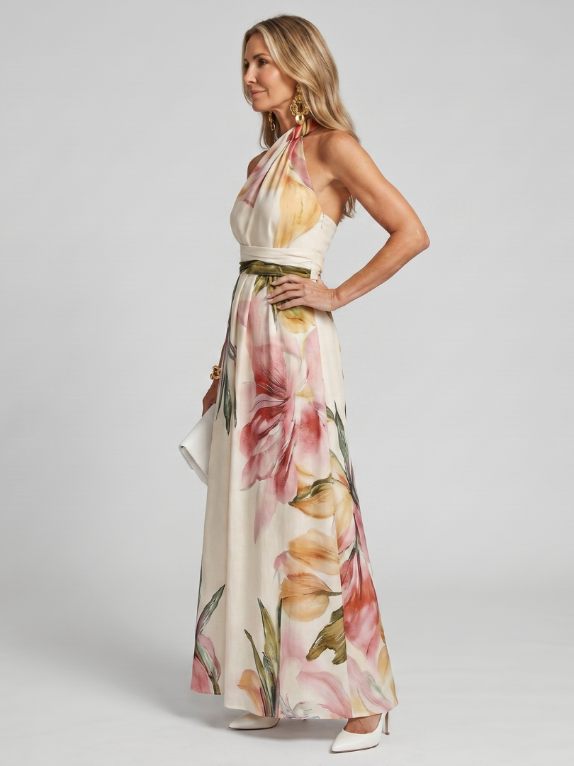 Elegant women's halter maxi dress with a flowing skirt, ideal for parties & special occasions.