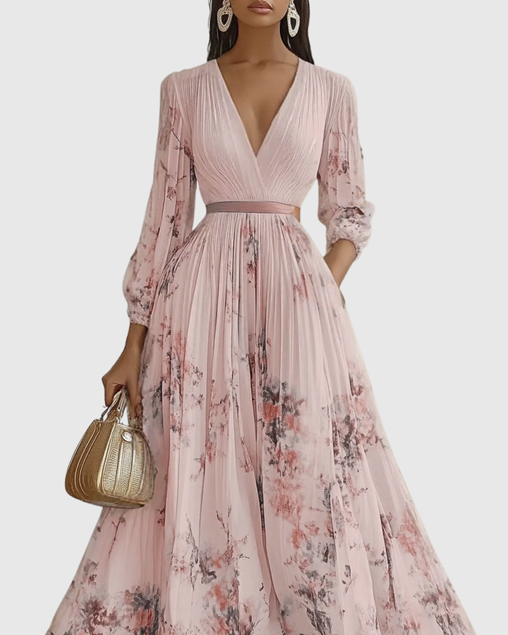 Sophisticated women's pleated V-neck maxi dress, designed for elegant wedding guest appearances.