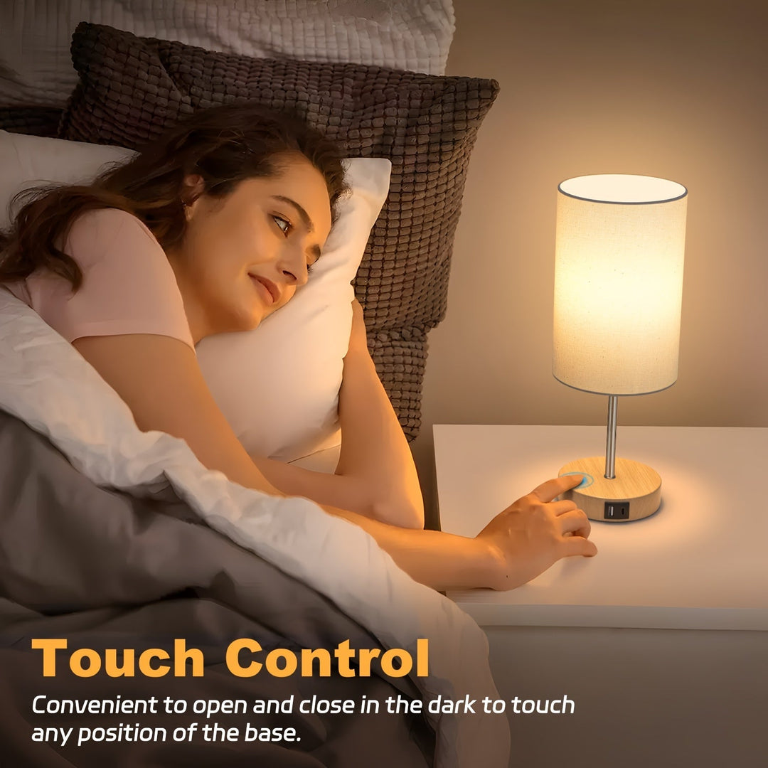 2-pack LED bedside lamps with 3-way touch dimming & convenient USB charging ports.