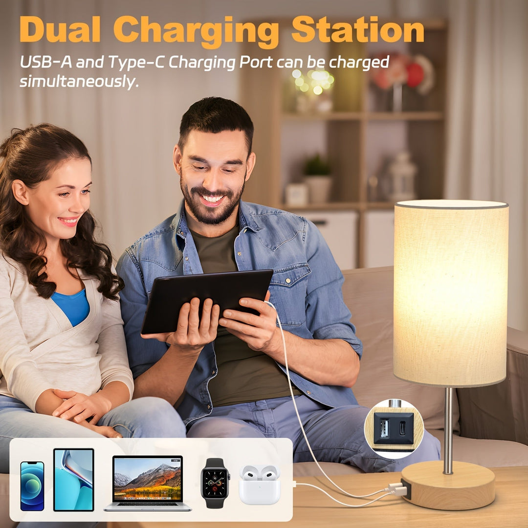 Set of two dimmable touch lamps for bedroom or living room, featuring USB charging & elegant fabric shades.