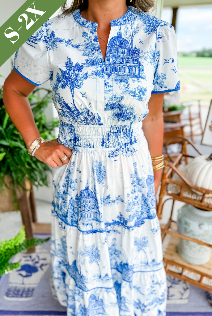Spring/Summer women's long maxi dress with a classic toile print, smocked waist, and V-neck for elegant style.