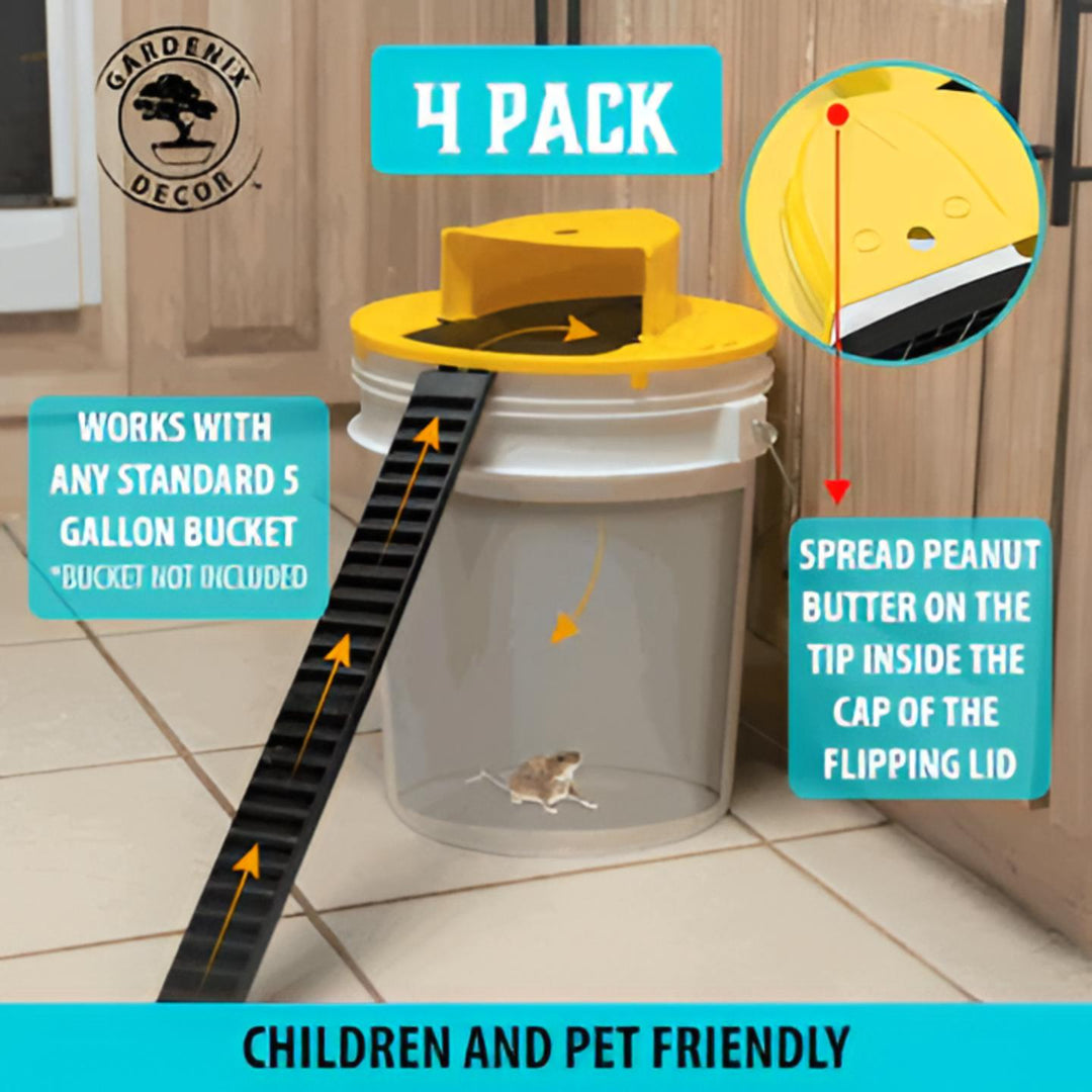 Non-toxic auto-reset bucket lid mouse & rat traps (4-pack) with smart design for safe home pest control.