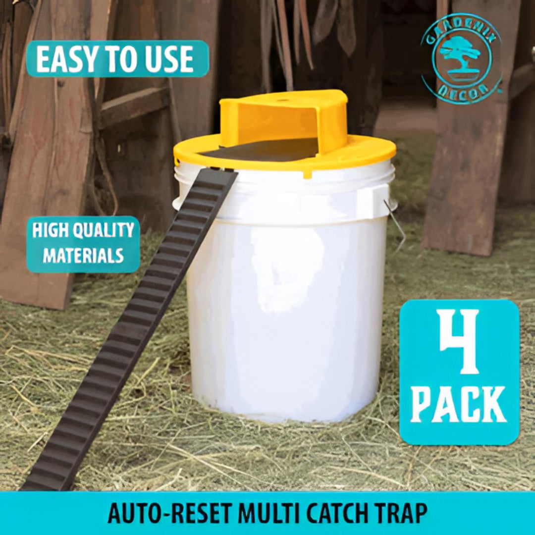 Set of 4 auto-reset bucket lid traps for efficient mouse & rat control in homes, garages, or outdoors.