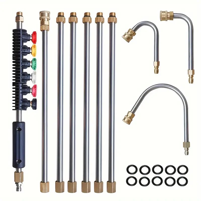 "4000 PSI telescoping high-pressure washer wand with 6 nozzle tips, ideal for gutter cleaning and reaching high areas easily.